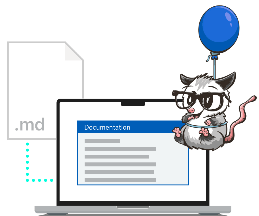 Eleventy’s possum mascot hanging on a red balloon and floating above a laptop.